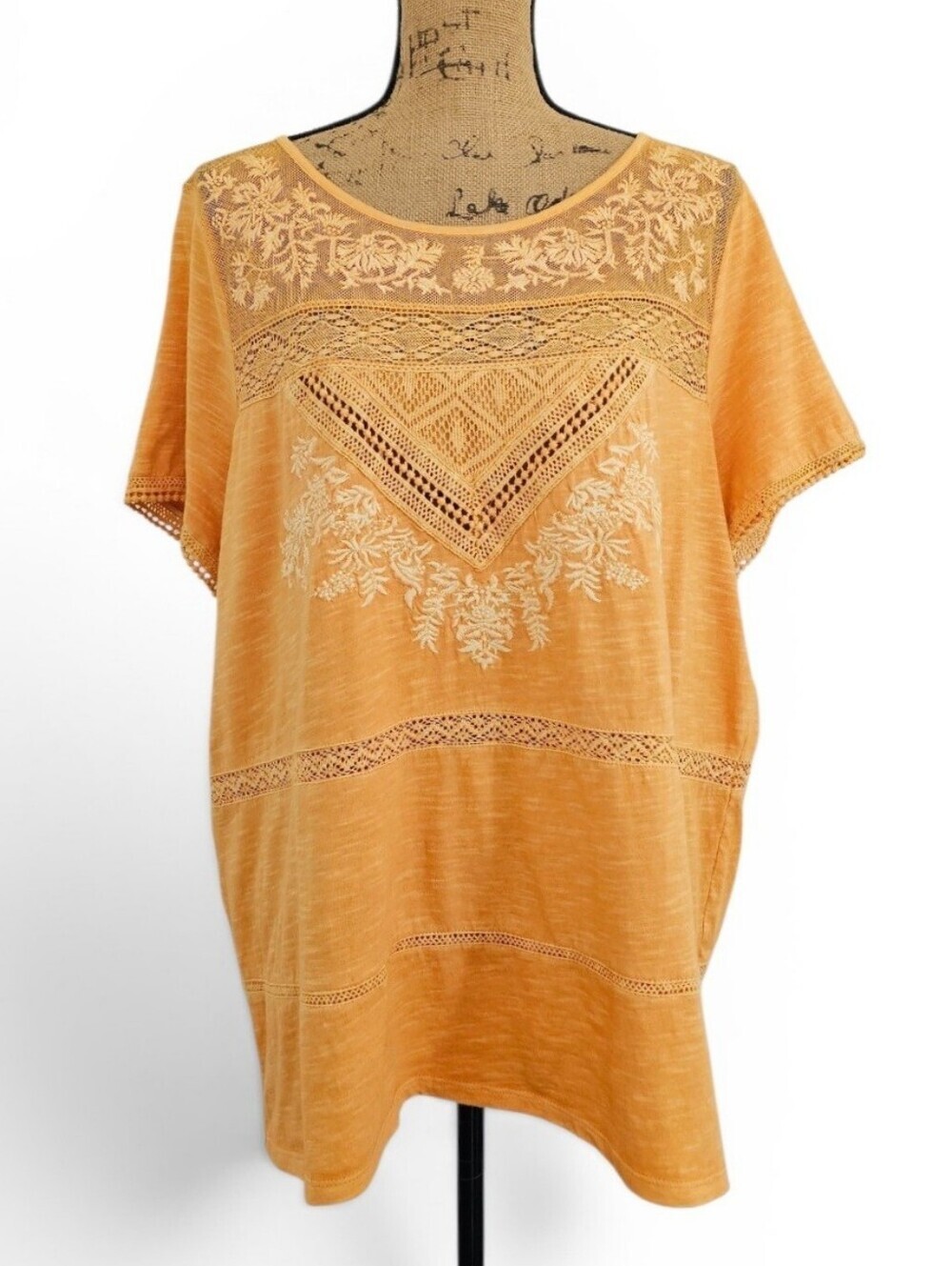 Sundance Boho Embroidered Lace Crochet Yoke Peasant Tunic Mustard, Size XXL